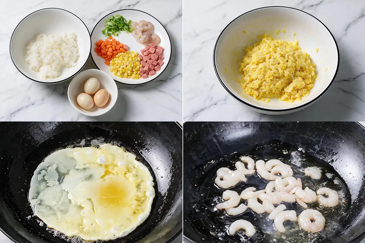 Prep collage: rice, eggs, shrimp, ham, and vegetables; egg-yolk-coated rice; frying egg; stir-frying shrimp