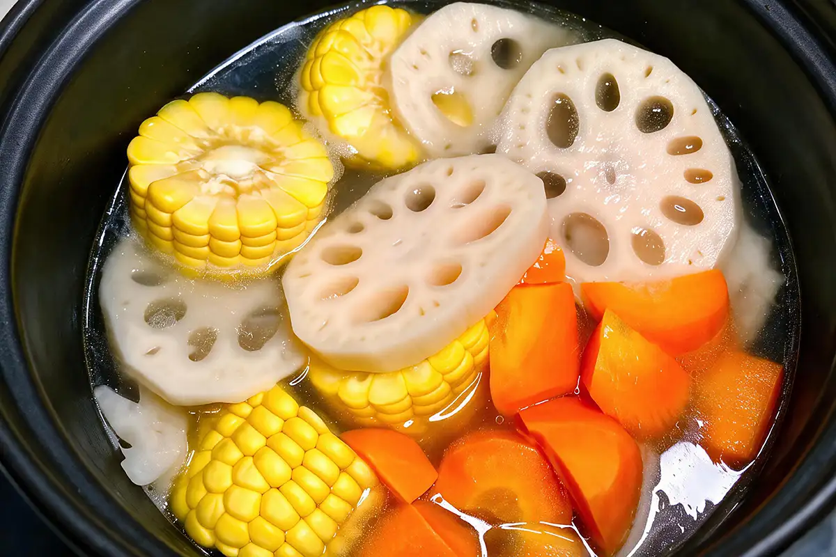 Corn segments, lotus root slices, and carrot chunks added to the soup pot
