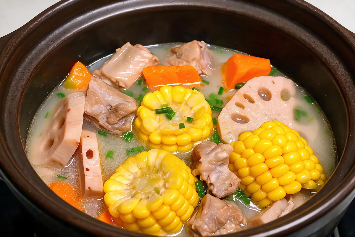 Finished corn and pork rib soup with lotus root, carrot, and chopped scallions