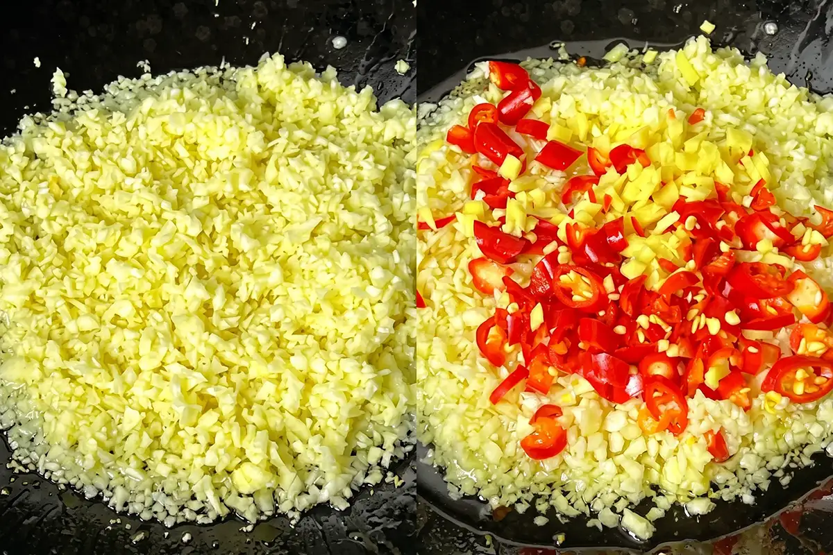 Side-by-side: minced garlic sautéing in a wok, then topped with sliced red chilies and ginger