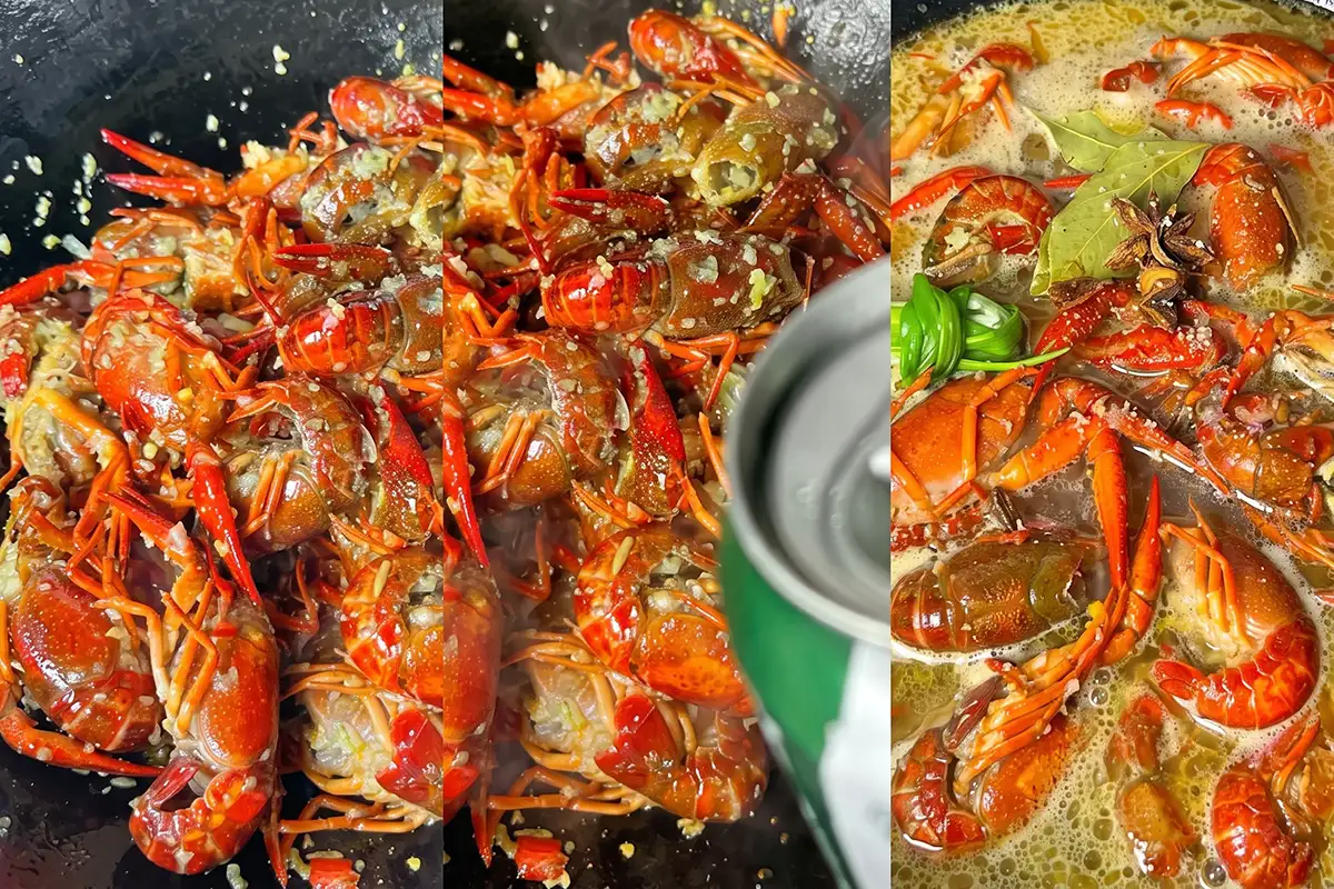 Three steps: stir-frying red crawfish with garlic, pouring beer into the wok, then simmering with scallion, bay leaves, and star anise