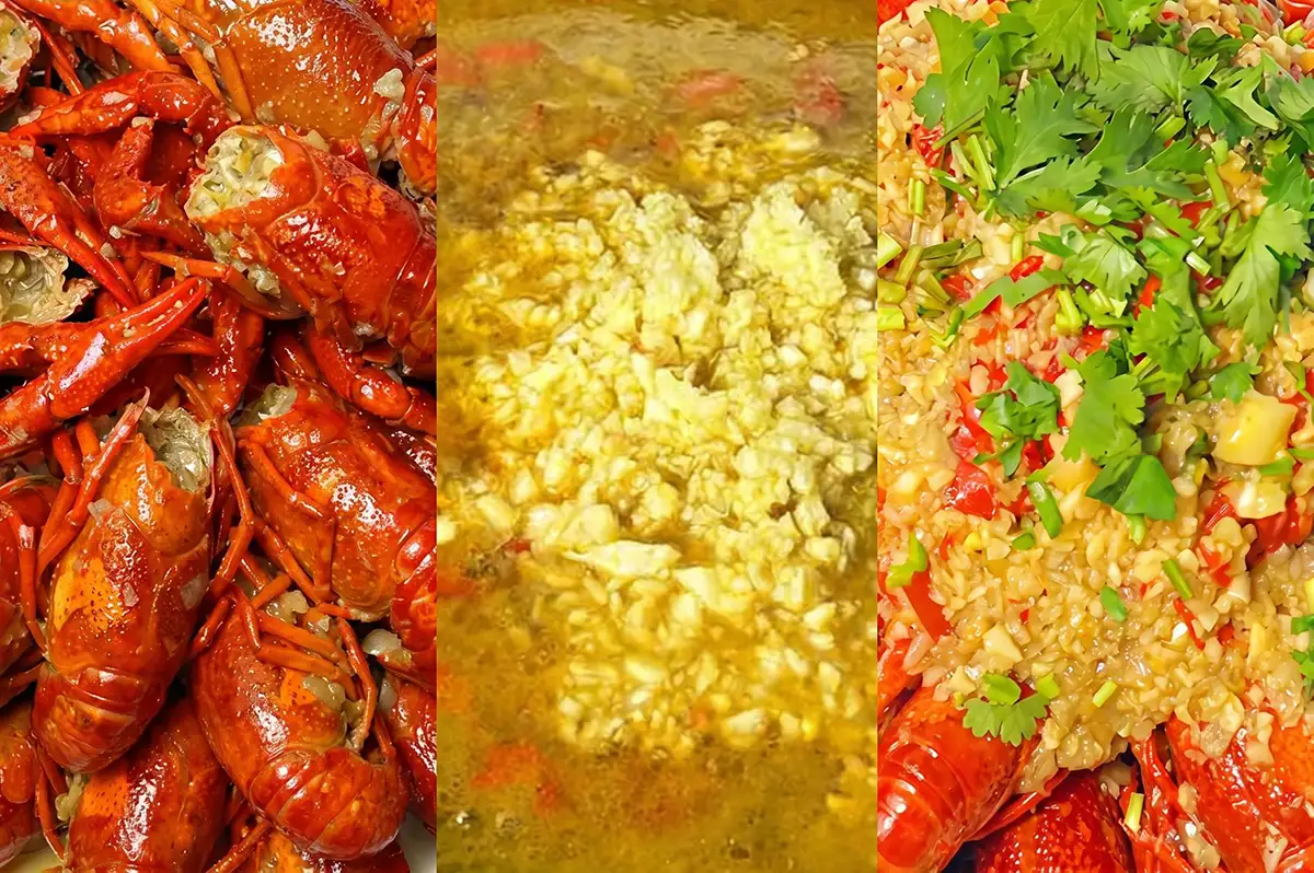 Finished garlic crawfish: cooked shells, fresh garlic finishing oil, and plated with chili and cilantro garnish