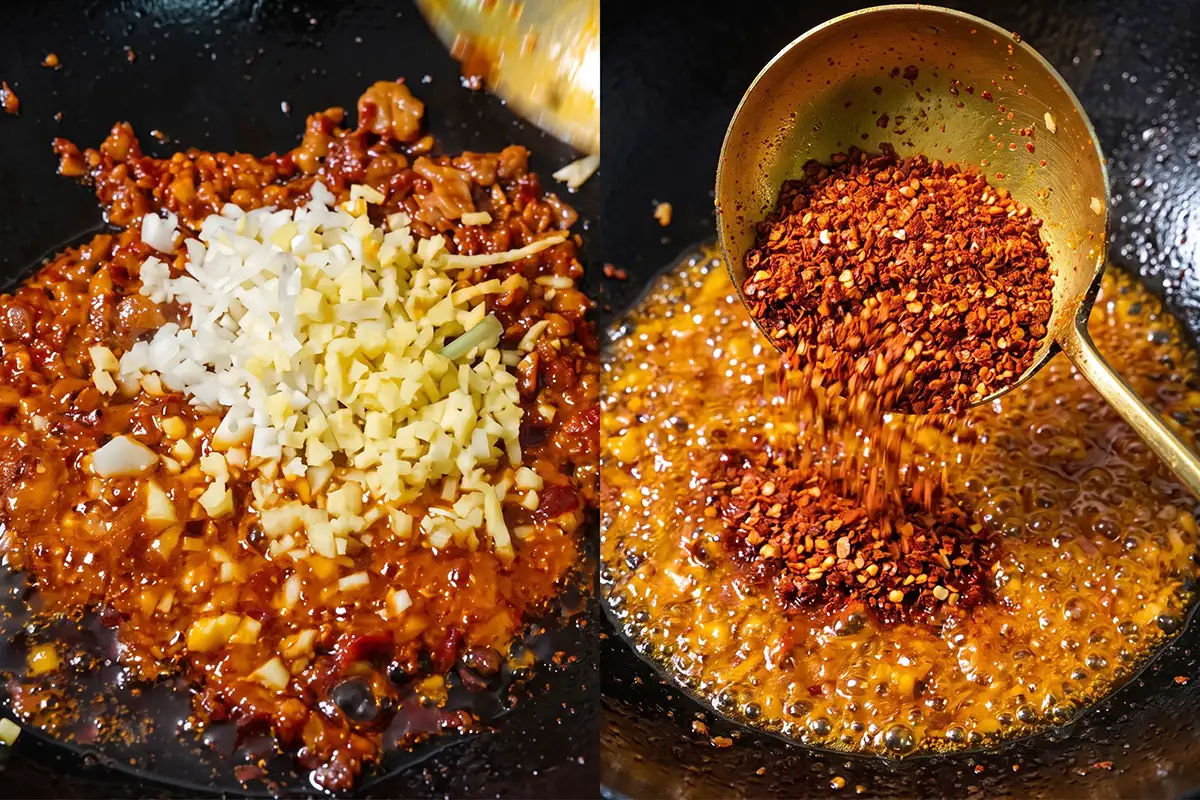 Side-by-side: minced ginger and garlic on frying doubanjiang, then chili flakes poured into bubbling red oil