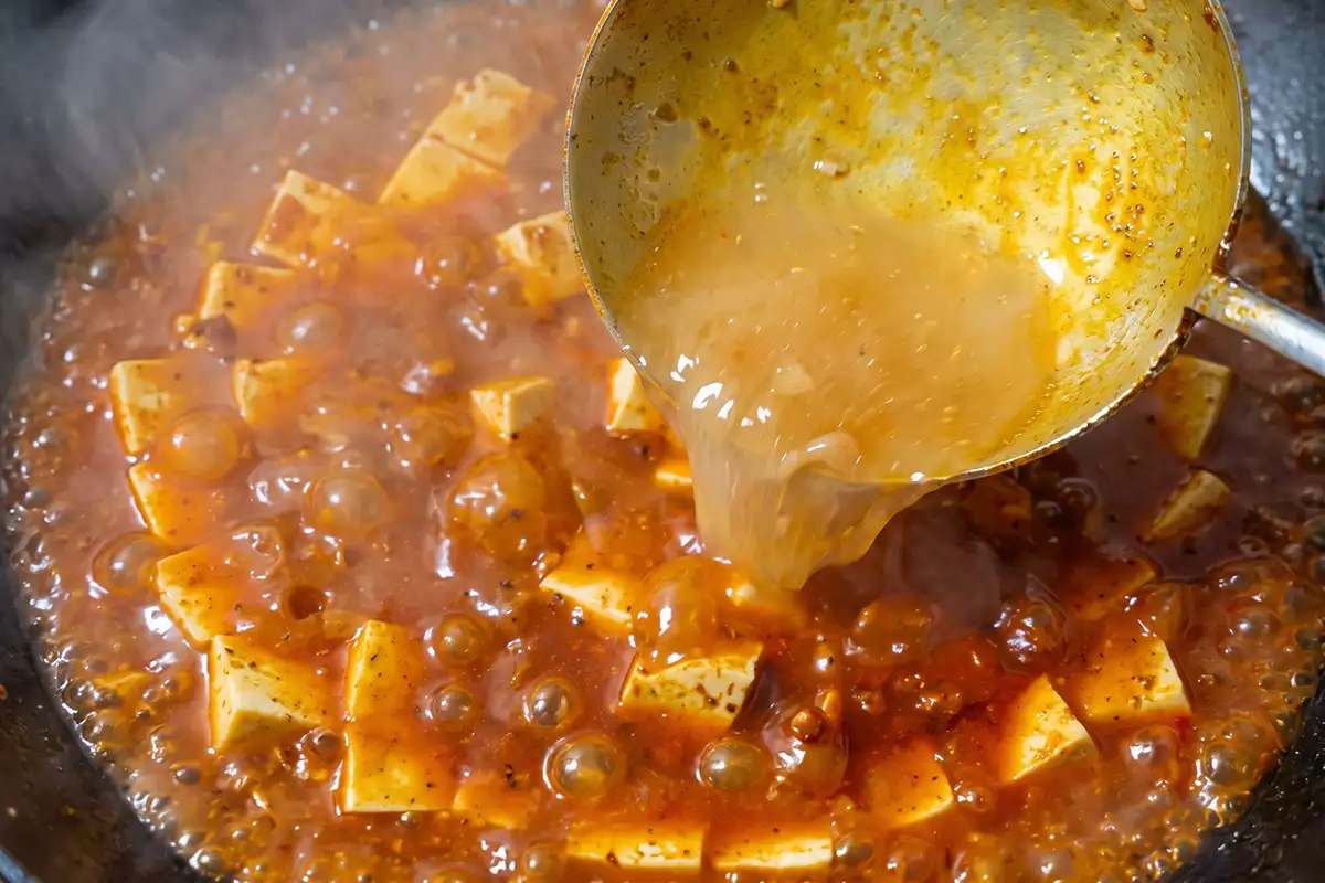 Tofu cubes simmering in bubbling red Mapo sauce as broth is poured from a ladle into the wok