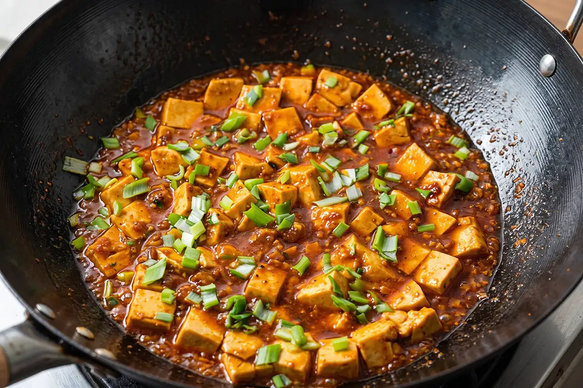 Finished Mapo Tofu in a wok: soft tofu cubes in glossy red sauce topped with chopped green onions