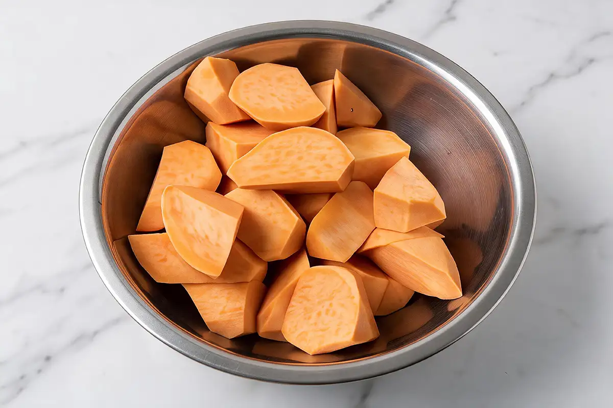Peeled orange sweet potatoes cut into irregular rolled chunks in a stainless steel bowl