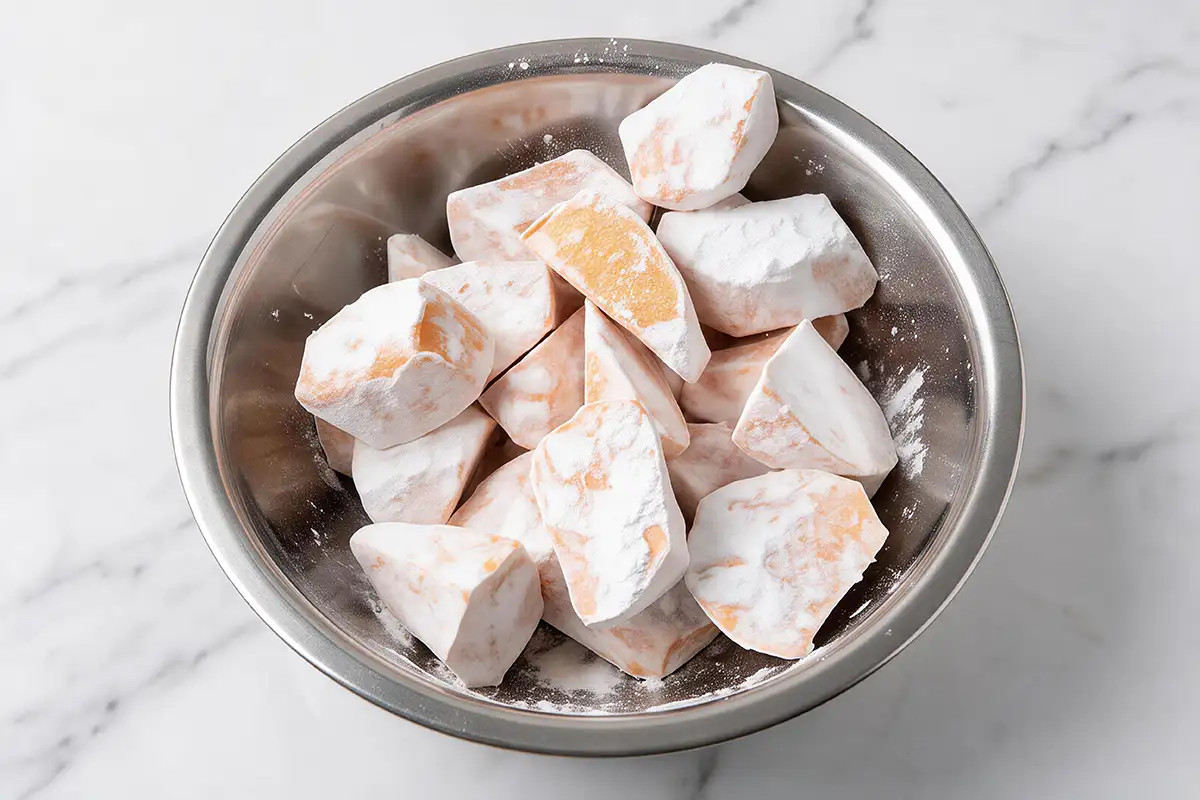 Sweet potato chunks lightly coated with white potato starch in a mixing bowl