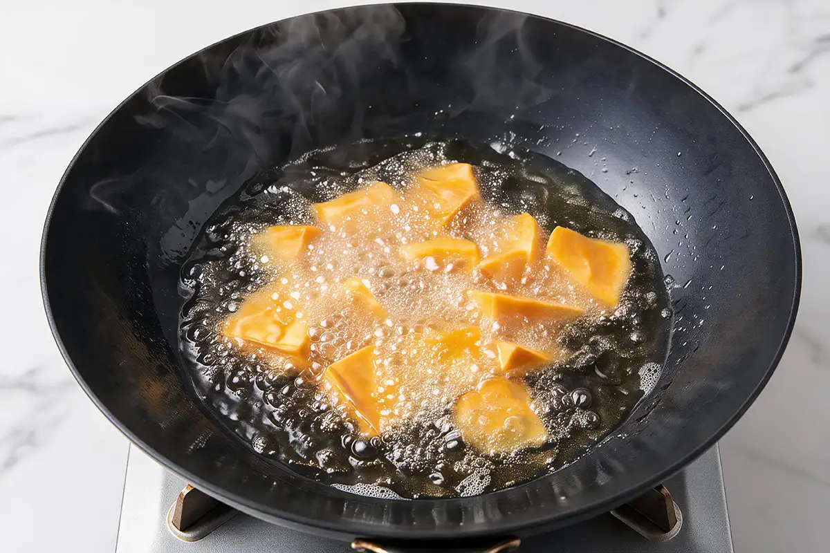 Sweet potato chunks deep-frying in bubbling oil in a black wok for the first fry