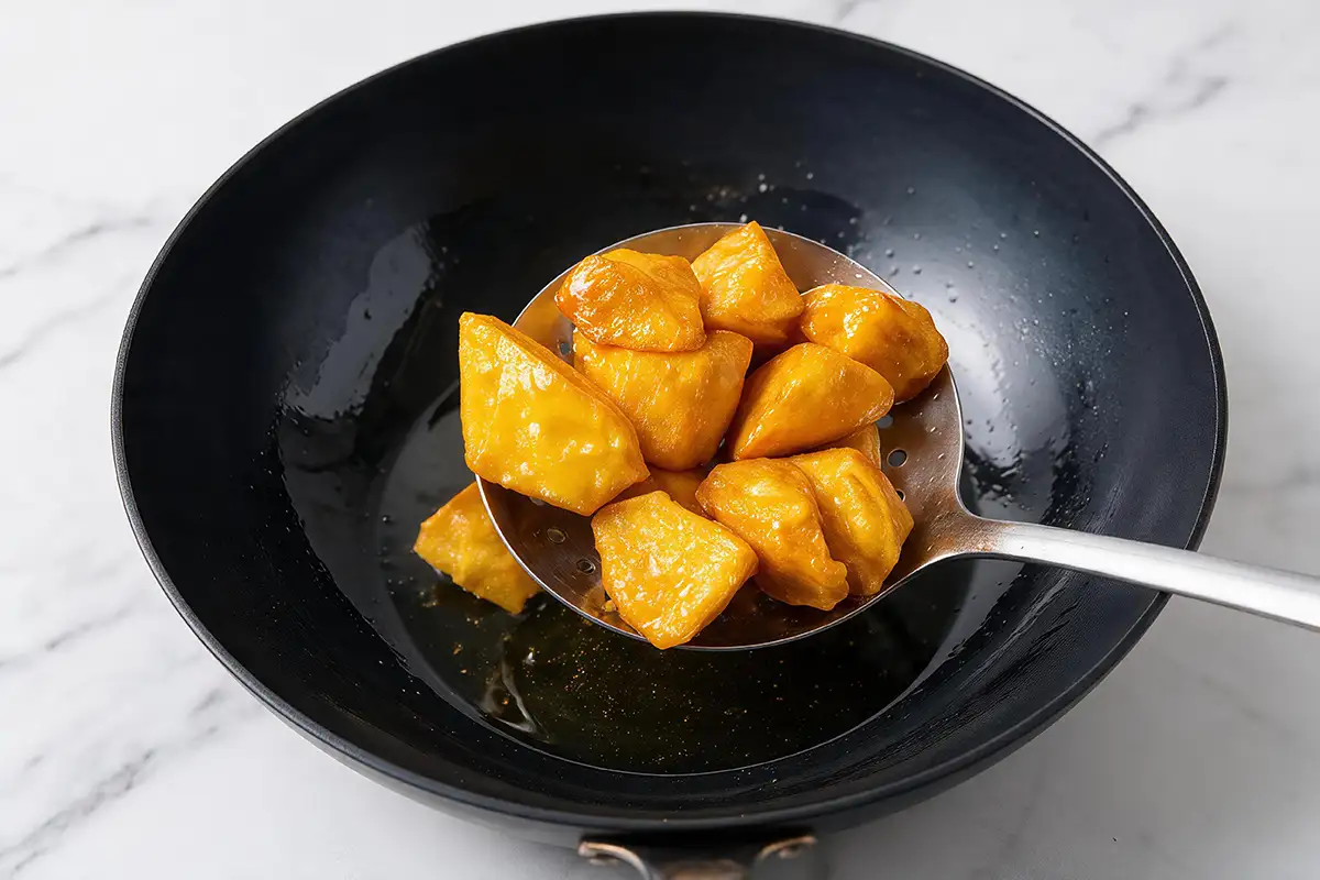 Golden fried sweet potato chunks lifted from the wok with a slotted spoon after the second fry