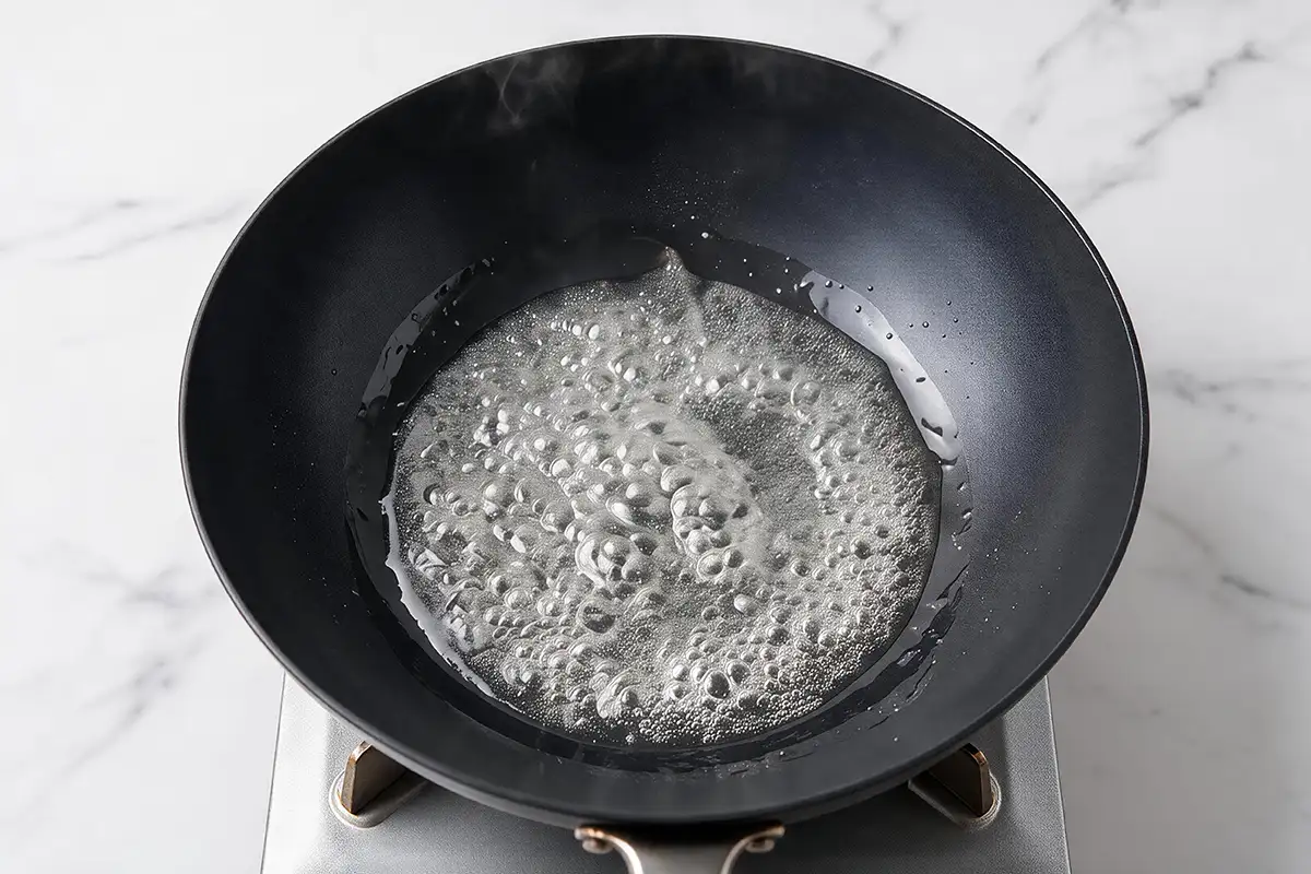 Sugar and water boiling into a clear syrup with fine bubbles in a black wok