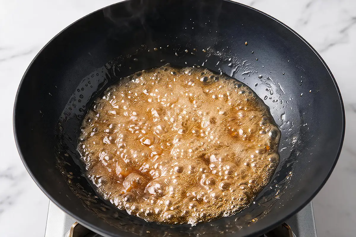 Amber caramel syrup bubbling vigorously in the wok, ready to coat the sweet potatoes