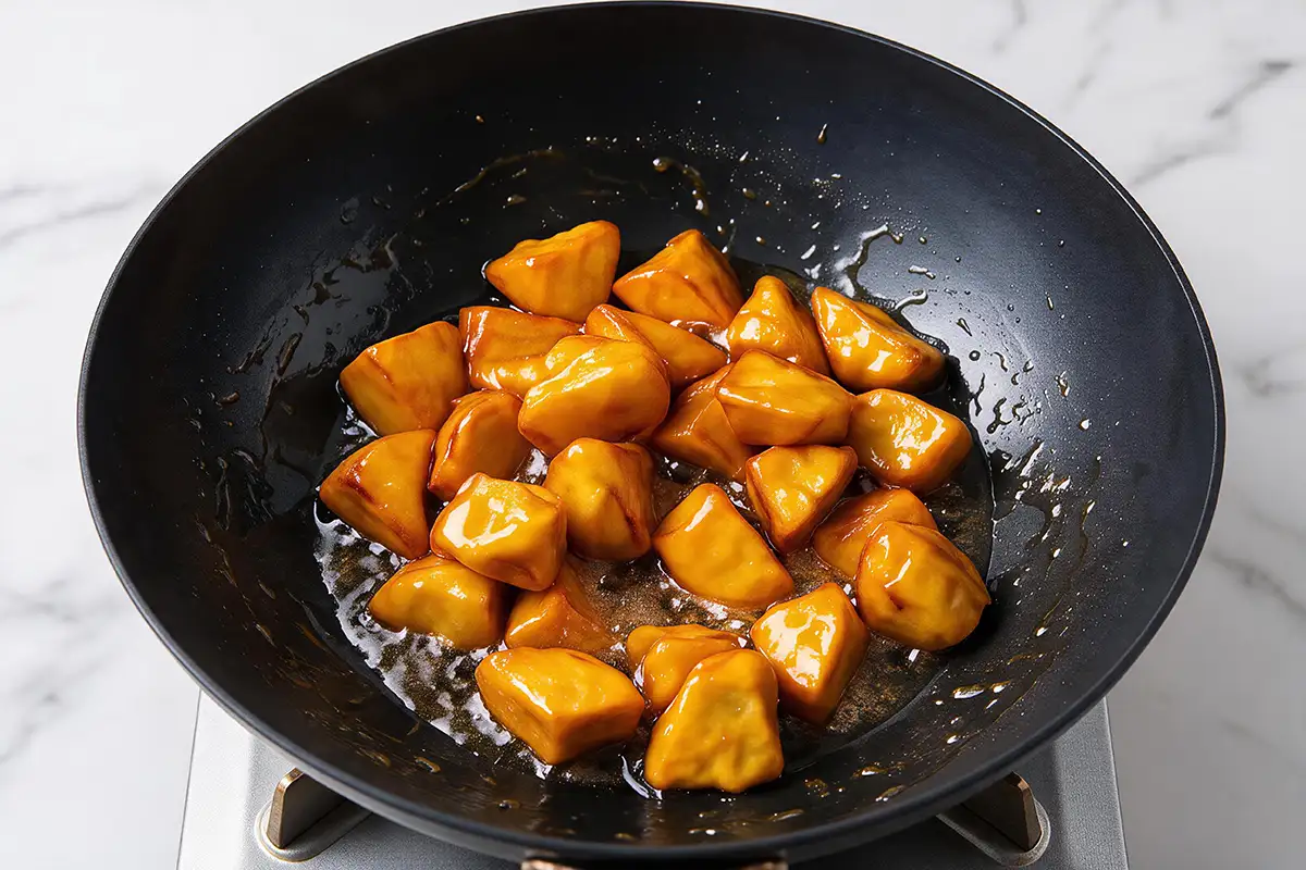 Fried sweet potato chunks quickly tossed and coated in glossy amber caramel