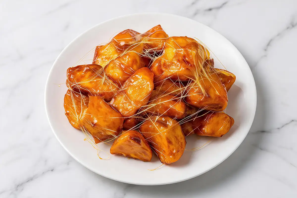 Finished candied sweet potatoes on a plate with thin golden pulled-sugar threads