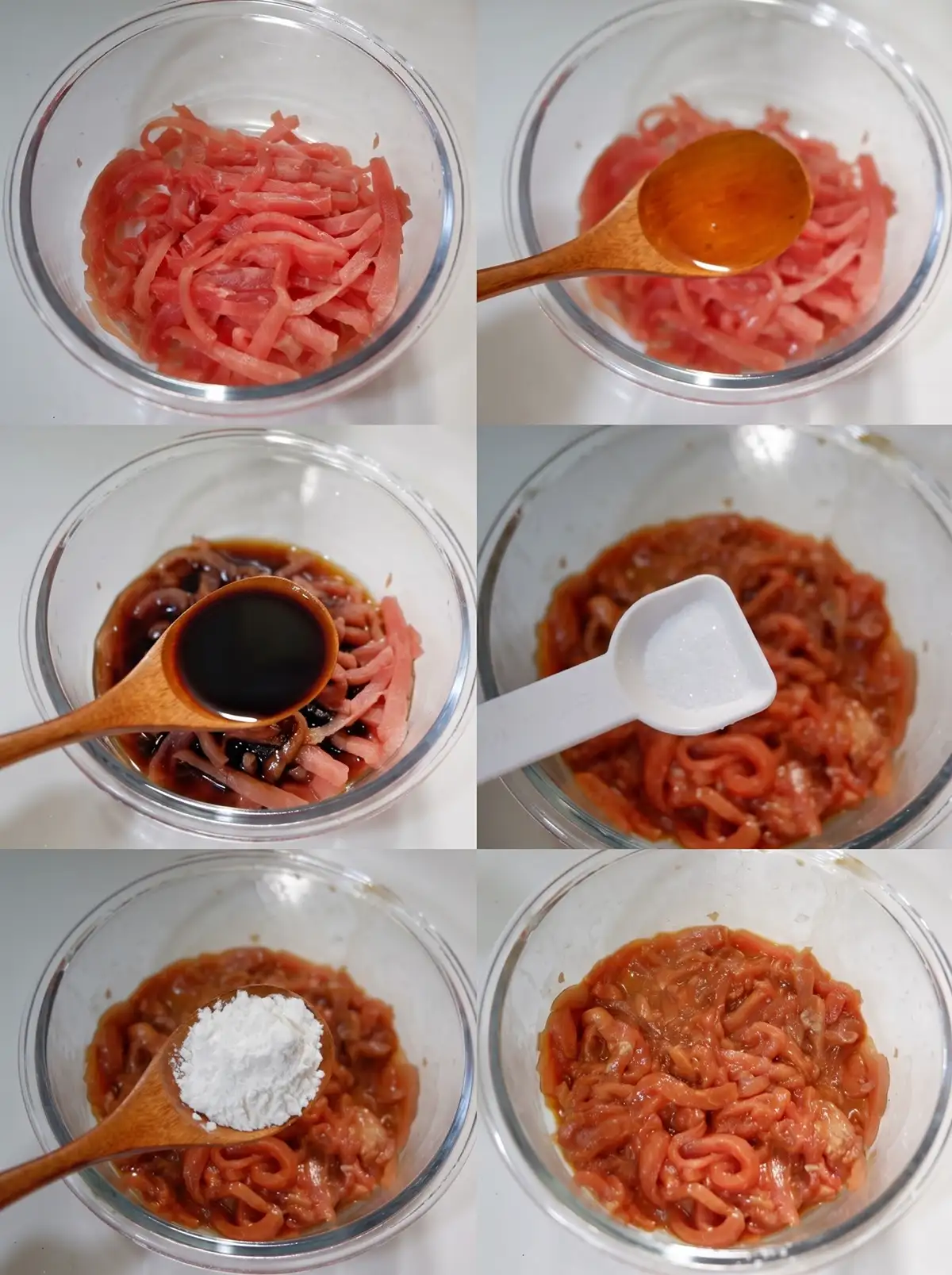 Six-step collage: marinating shredded pork with oil, soy sauce, cornstarch, and white pepper in a glass bowl